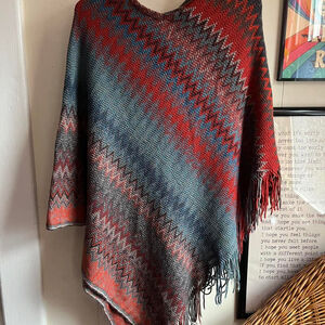 Red and blue striped poncho with fringe #poncho #fringe